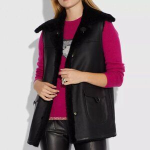 COACH Lamb Shearling Leather Reversible Snap Closure Black Vest Size M